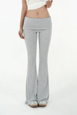 Flared Waist Knitted Ribbed Slim-Fit Pants - Y2K Style, Comfortable Fashionable Trousers for Effortless Everyday Wear