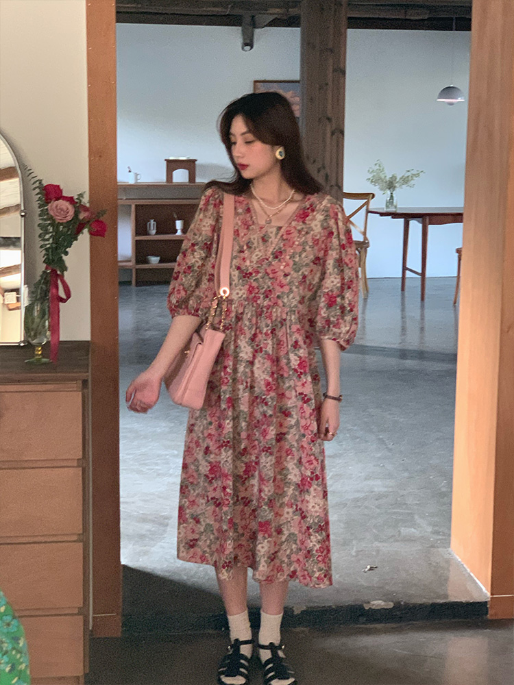 Flora Honey Red Retro Floral Short Sleeve Dress for Women - Summer Puff Sleeve Vintage Style Flora Honey Red Retro Floral Short Sleeve Dress for Women - Summer Puff Sleeve Vintage Style