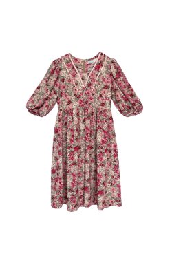 Flora Honey Red Retro Floral Short Sleeve Dress for Women - Summer Puff Sleeve Vintage Style