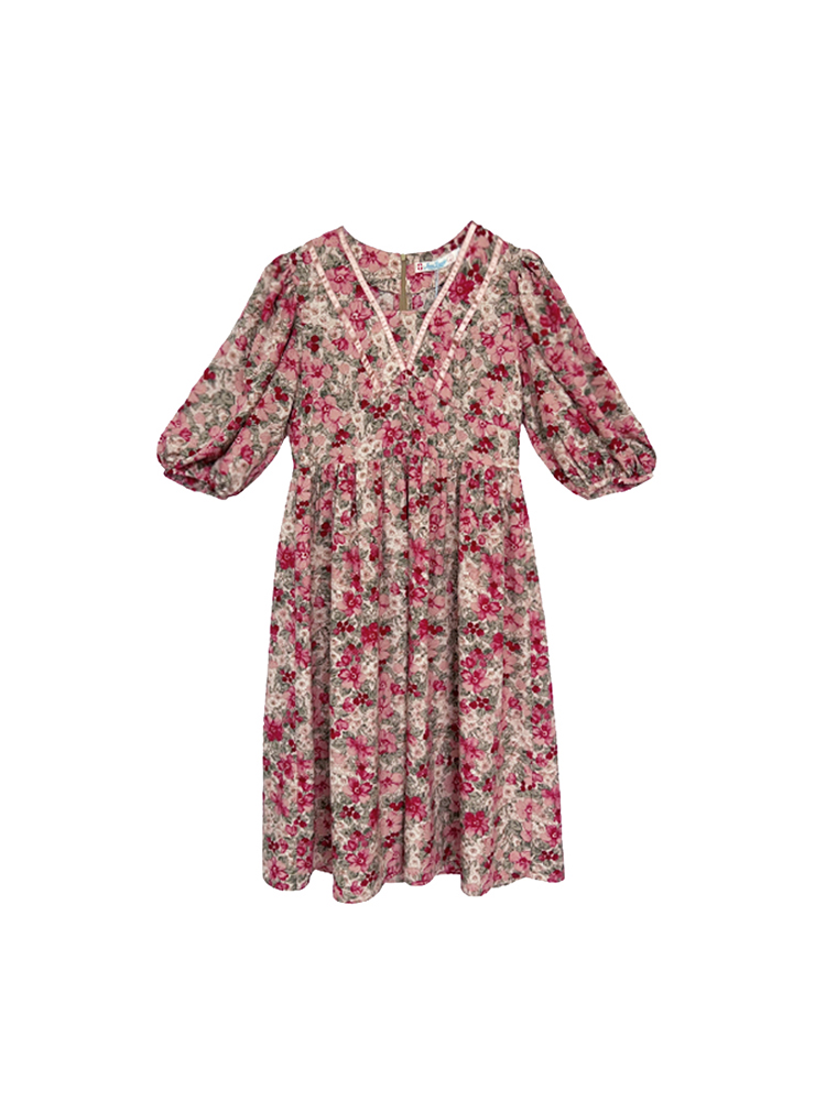 Flora Honey Red Retro Floral Short Sleeve Dress for Women - Summer Puff Sleeve Vintage Style Flora Honey Red Retro Floral Short Sleeve Dress for Women - Summer Puff Sleeve Vintage Style