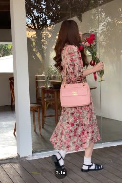 Flora Honey Red Retro Floral Short Sleeve Dress for Women - Summer Puff Sleeve Vintage Style