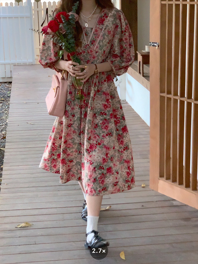 Flora Honey Red Retro Floral Short Sleeve Dress for Women - Summer Puff Sleeve Vintage Style Flora Honey Red Retro Floral Short Sleeve Dress for Women - Summer Puff Sleeve Vintage Style