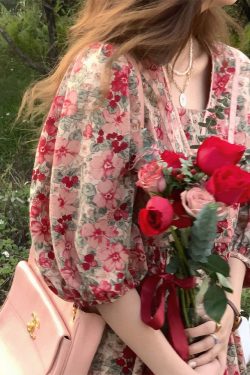 Flora Honey Red Retro Floral Short Sleeve Dress for Women - Summer Puff Sleeve Vintage Style