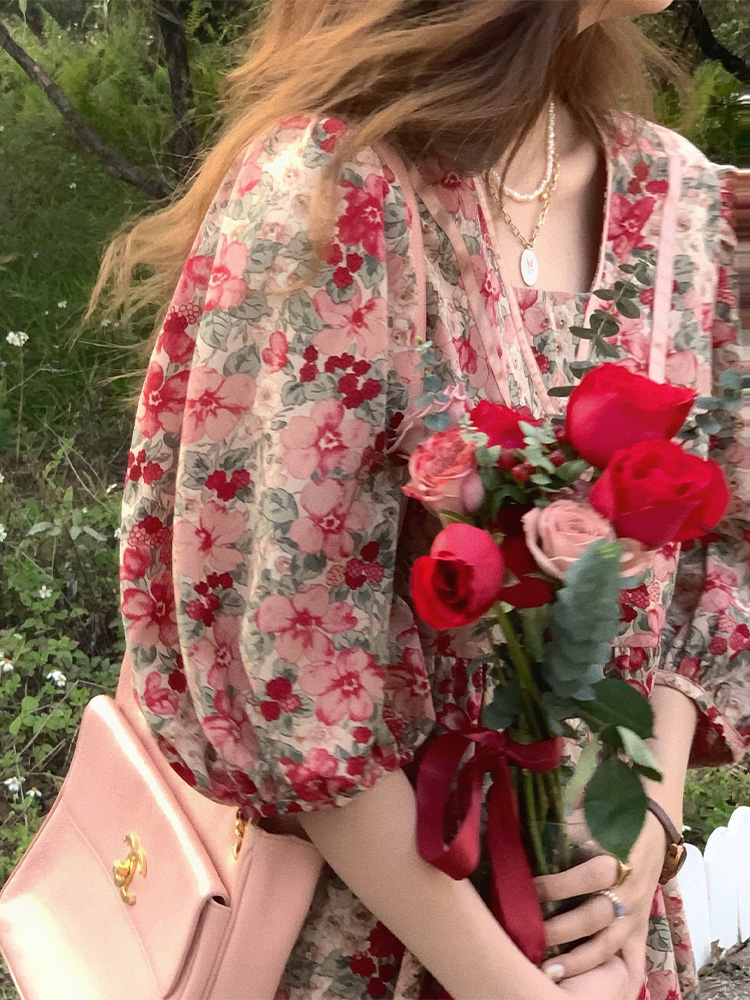 Flora Honey Red Retro Floral Short Sleeve Dress for Women - Summer Puff Sleeve Vintage Style Flora Honey Red Retro Floral Short Sleeve Dress for Women - Summer Puff Sleeve Vintage Style