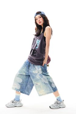 Floral 3D Chain Print Wide-Leg Denim Shorts for Women - American Style Loose-Fit Three-Quarter Pants, Trendy Y2K Fashion