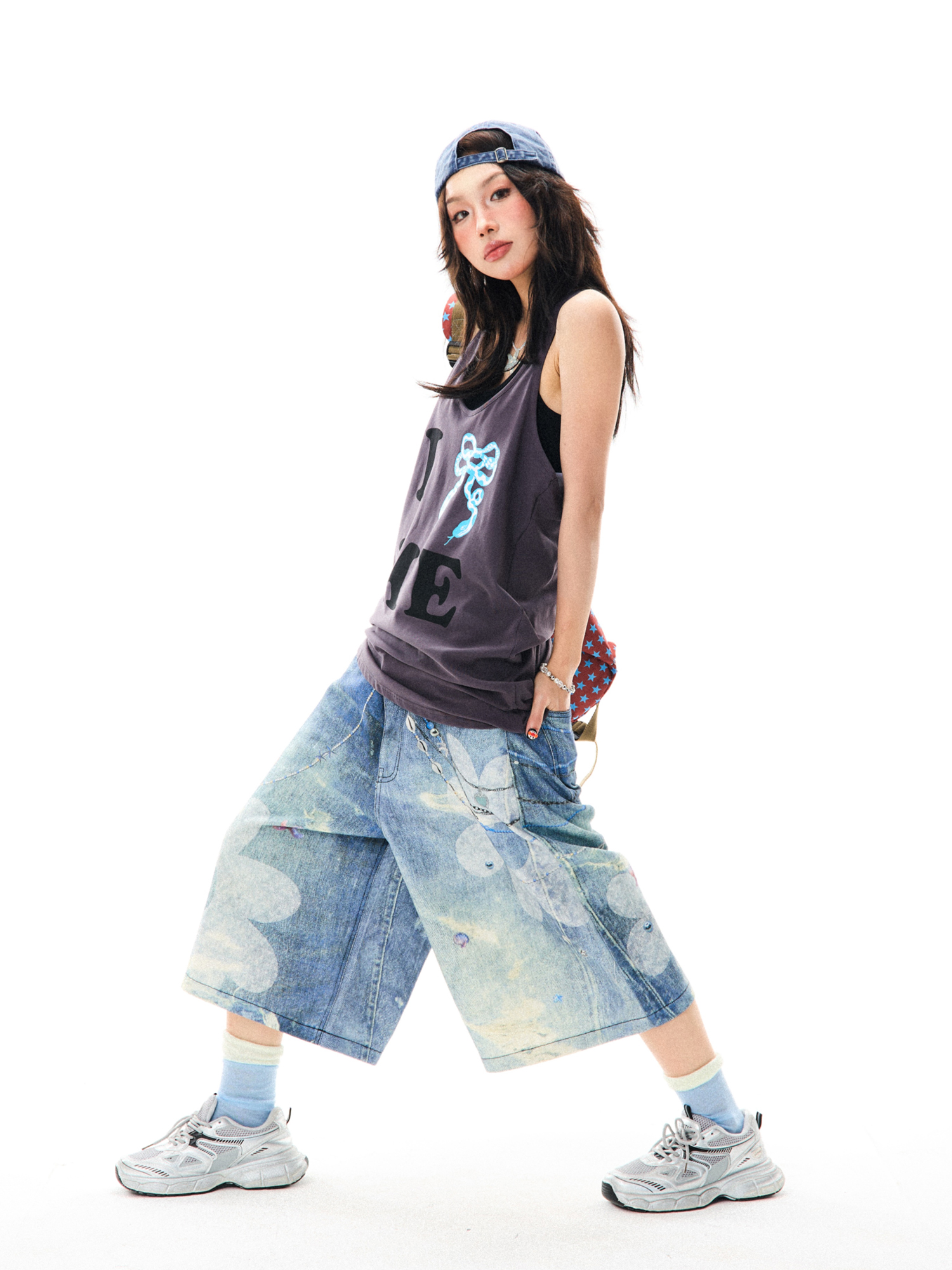 Floral 3D Chain Print Wide-Leg Denim Shorts for Women - American Style Loose-Fit Three-Quarter Pants, Trendy Y2K Fashion Floral 3D Chain Print Wide-Leg Denim Shorts for Women - American Style Loose-Fit Three-Quarter Pants, Trendy Y2K Fashion