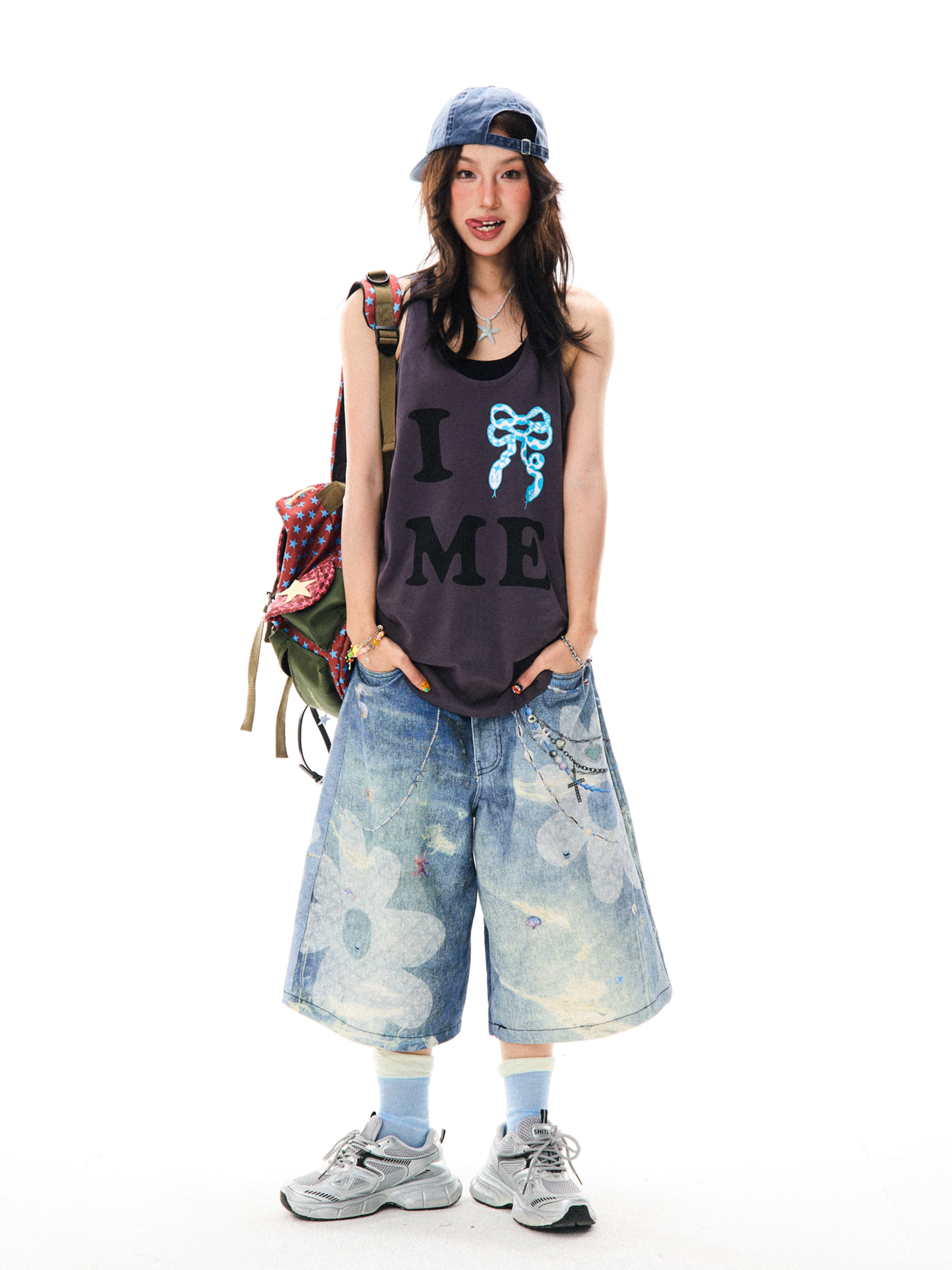 Floral 3D Chain Print Wide-Leg Denim Shorts for Women - American Style Loose-Fit Three-Quarter Pants, Trendy Y2K Fashion Floral 3D Chain Print Wide-Leg Denim Shorts for Women - American Style Loose-Fit Three-Quarter Pants, Trendy Y2K Fashion