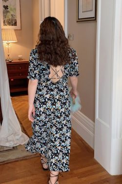Floral Backless Dress for Women, Plus Size, 2025 Spring Summer Collection, Niche Design, Elegant French Style