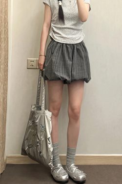Floral Bud Plaid Skirt Pants for Women - Summer Gray Shorts, Hip-Hiding Slimming Design, Plus Size, Petite Style