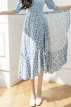 Floral Chiffon Fish Tail One-Piece Dress - Women’s Summer Bodycon Wrap Skirt with Irregular Ruffle for Beach Style