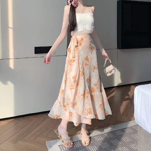 Floral Chiffon Irregular Fishtail Skirt for Women - Summer One-Piece Ruffle Split Skirt in Trendy Floral Design Floral Chiffon Irregular Fishtail Skirt for Women - Summer One-Piece Ruffle Split Skirt in Trendy Floral Design