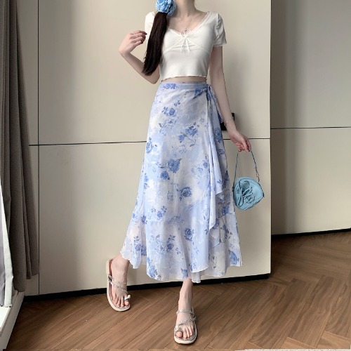 Floral Chiffon Irregular Fishtail Skirt for Women - Summer One-Piece Ruffle Split Skirt in Trendy Floral Design Floral Chiffon Irregular Fishtail Skirt for Women - Summer One-Piece Ruffle Split Skirt in Trendy Floral Design