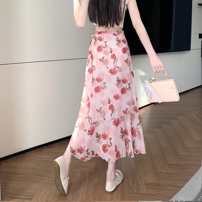 Floral Chiffon Irregular Fishtail Skirt for Women - Summer One-Piece Ruffle Split Skirt in Trendy Floral Design Floral Chiffon Irregular Fishtail Skirt for Women - Summer One-Piece Ruffle Split Skirt in Trendy Floral Design