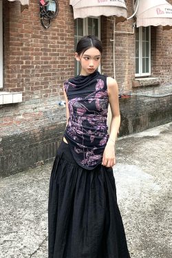 Floral Elastic Mesh Vest Top with Wrinkled Slim Fit for a Desert Island Night, Perfect for Y2K and Current Trends