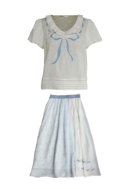 Floral Embroidery Linen Short Sleeve Shirt and Skirt Set for Women - Vintage Summer Outfit, Loose Fit, Boho Style