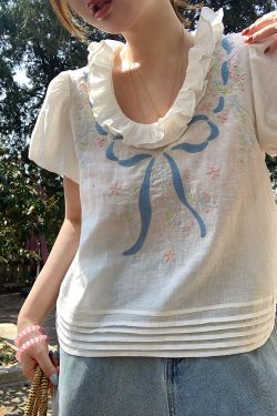 Floral Embroidery Linen Short Sleeve Shirt and Skirt Set for Women - Vintage Summer Outfit, Loose Fit, Boho Style