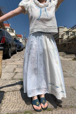 Floral Embroidery Linen Short Sleeve Shirt and Skirt Set for Women - Vintage Summer Outfit, Loose Fit, Boho Style