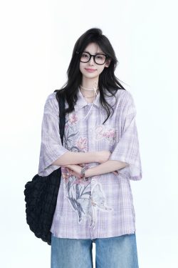Floral Embroidery Pink Purple Checkered Short Sleeve Shirt for Women - Trendy Loose Fit, National Style, Perfect for Y2K Fashion