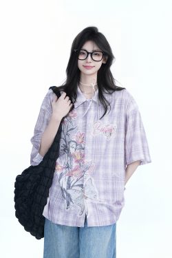 Floral Embroidery Pink Purple Checkered Short Sleeve Shirt for Women - Trendy Loose Fit, National Style, Perfect for Y2K Fashion