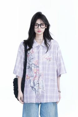 Floral Embroidery Pink Purple Checkered Short Sleeve Shirt for Women - Trendy Loose Fit, National Style, Perfect for Y2K Fashion