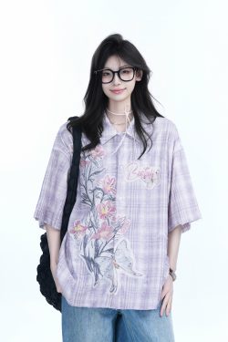 Floral Embroidery Pink Purple Checkered Short Sleeve Shirt for Women - Trendy Loose Fit, National Style, Perfect for Y2K Fashion