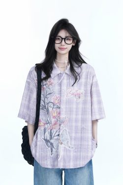 Floral Embroidery Pink Purple Checkered Short Sleeve Shirt for Women - Trendy Loose Fit, National Style, Perfect for Y2K Fashion