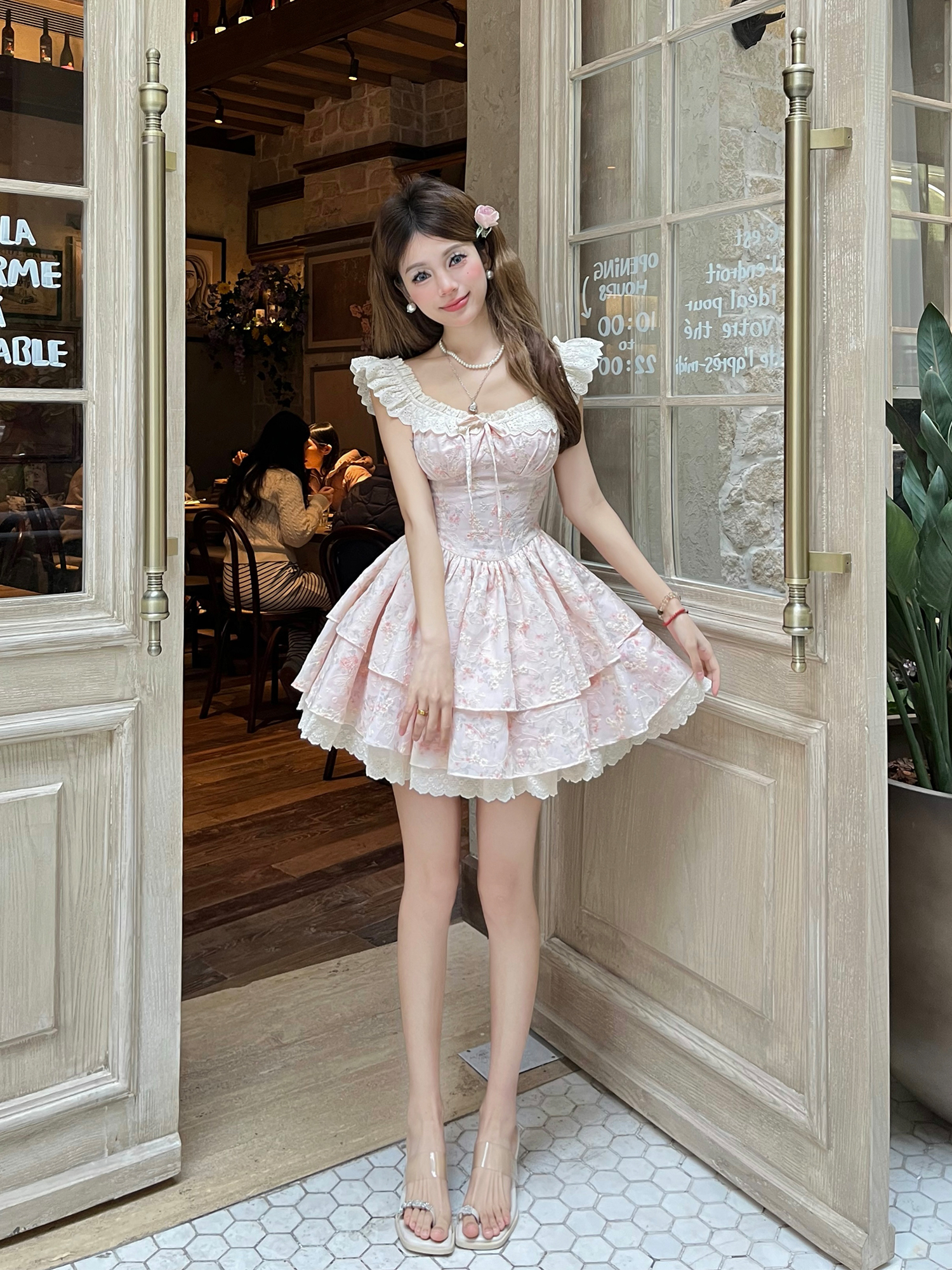 Floral Feather Flutter Sleeve Waist-Defined Short Dress in Cherry Weave - Sweet Summer Style for 90s and Y2K Fashion Lovers Floral Feather Flutter Sleeve Waist-Defined Short Dress in Cherry Weave - Sweet Summer Style for 90s and Y2K Fashion Lovers