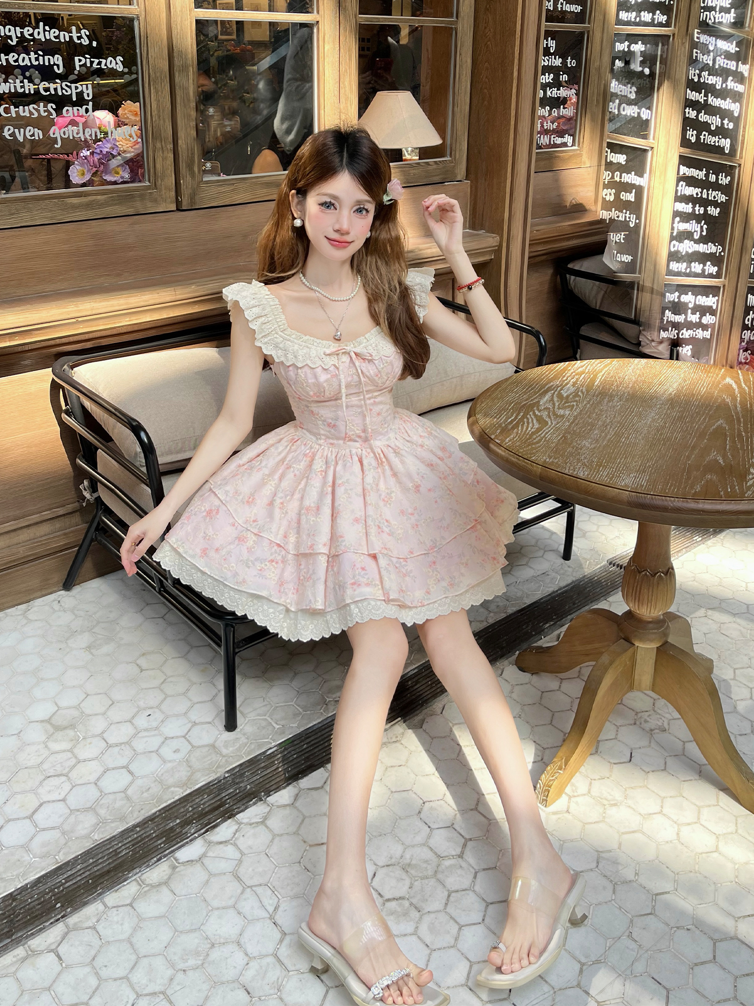 Floral Feather Flutter Sleeve Waist-Defined Short Dress in Cherry Weave - Sweet Summer Style for 90s and Y2K Fashion Lovers Floral Feather Flutter Sleeve Waist-Defined Short Dress in Cherry Weave - Sweet Summer Style for 90s and Y2K Fashion Lovers