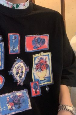 Floral High Neck Vintage T-Shirt with Graffiti Print - Handmade Trendy Short Sleeve Top for Y2K and 90s Style Fashion