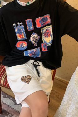 Floral High Neck Vintage T-Shirt with Graffiti Print - Trendy Short Sleeve Top for 90s Y2K Inspired Style