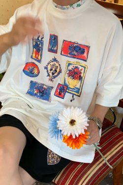 Floral High Neck Vintage T-Shirt with Graffiti Print - Trendy Short Sleeve Top for 90s Y2K Inspired Style