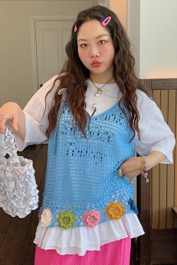 Floral Hollow Vest Women's Cover-up - Handmade Sleeveless Camisole Top for Summer 2025, Trendy Korean Style Outer Wear