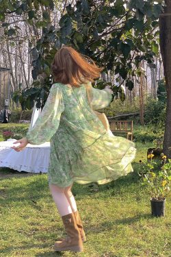 Floral Long Sleeve Chiffon Dress for Women - Spring Loose Puff Sleeve Cake Dress, Vintage Flower Dance Style, Perfect for Spring Events