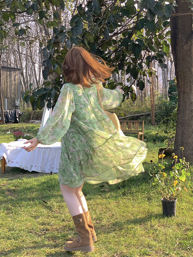 Floral Long Sleeve Chiffon Dress for Women - Spring Loose Puff Sleeve Cake Dress, Vintage Flower Dance Style, Perfect for Spring Events Floral Long Sleeve Chiffon Dress for Women - Spring Loose Puff Sleeve Cake Dress, Vintage Flower Dance Style, Perfect for Spring Events