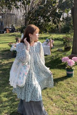 Floral Long Sleeve Chiffon Dress for Women - Spring Loose Puff Sleeve Cake Dress, Vintage Flower Dance Style, Perfect for Spring Events