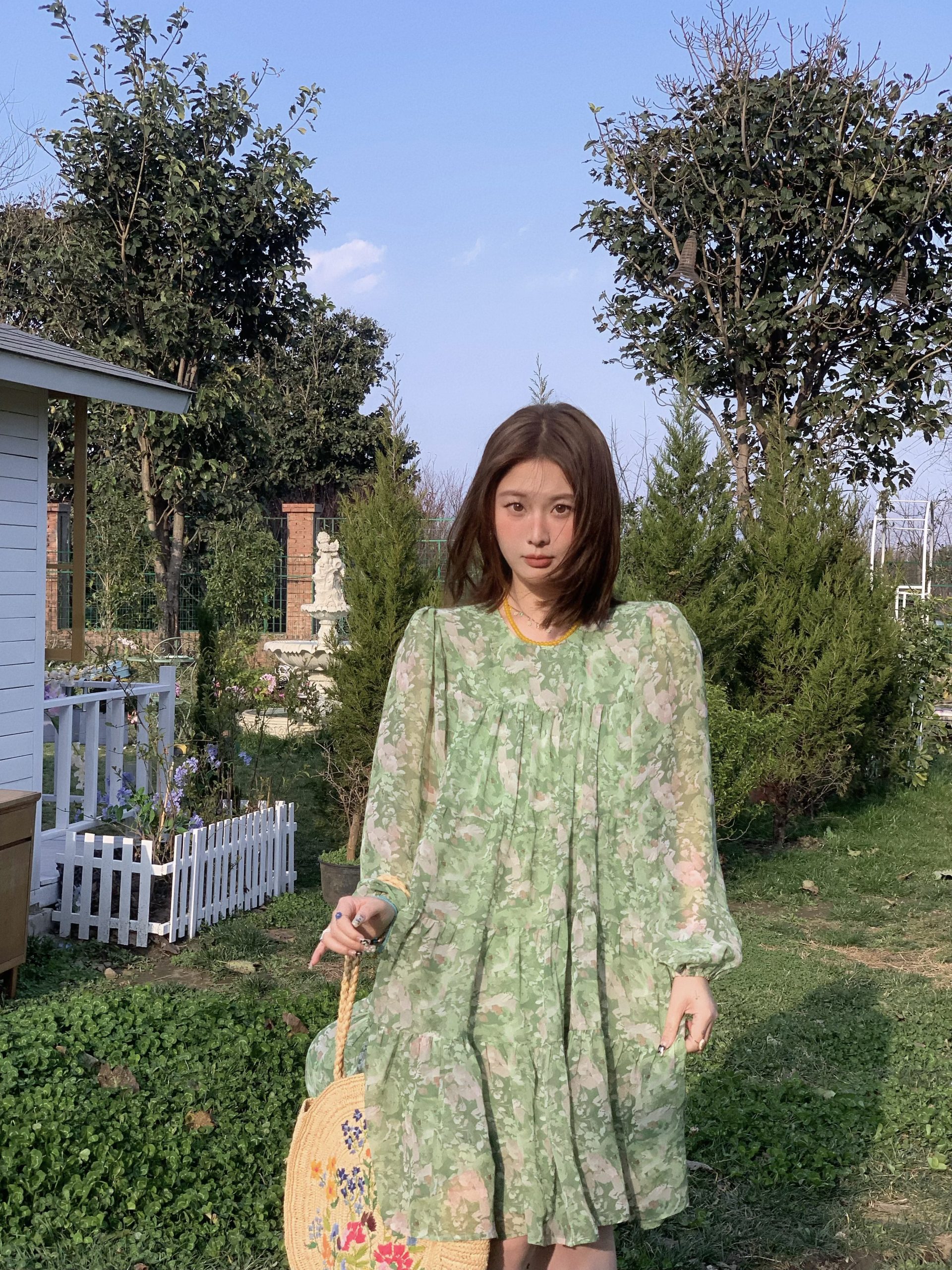 Floral Long Sleeve Chiffon Dress for Women - Spring Loose Puff Sleeve Cake Dress, Vintage Flower Dance Style, Perfect for Spring Events Floral Long Sleeve Chiffon Dress for Women - Spring Loose Puff Sleeve Cake Dress, Vintage Flower Dance Style, Perfect for Spring Events