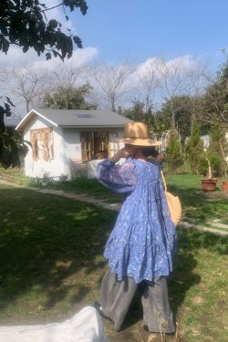 Floral Long Sleeve Chiffon Dress for Women - Spring Loose Puff Sleeve Cake Dress, Vintage Flower Dance Style, Perfect for Spring Events