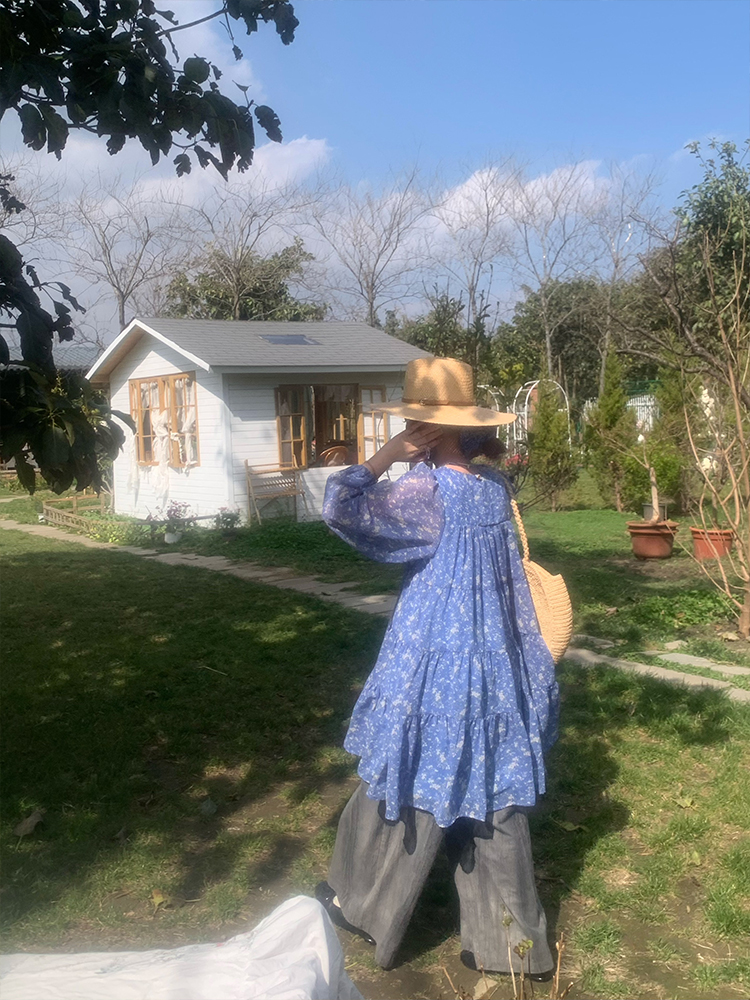 Floral Long Sleeve Chiffon Dress for Women - Spring Loose Puff Sleeve Cake Dress, Vintage Flower Dance Style, Perfect for Spring Events Floral Long Sleeve Chiffon Dress for Women - Spring Loose Puff Sleeve Cake Dress, Vintage Flower Dance Style, Perfect for Spring Events