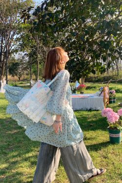Floral Long Sleeve Chiffon Dress for Women - Spring Loose Puff Sleeve Cake Dress, Vintage Flower Dance Style, Perfect for Spring Events
