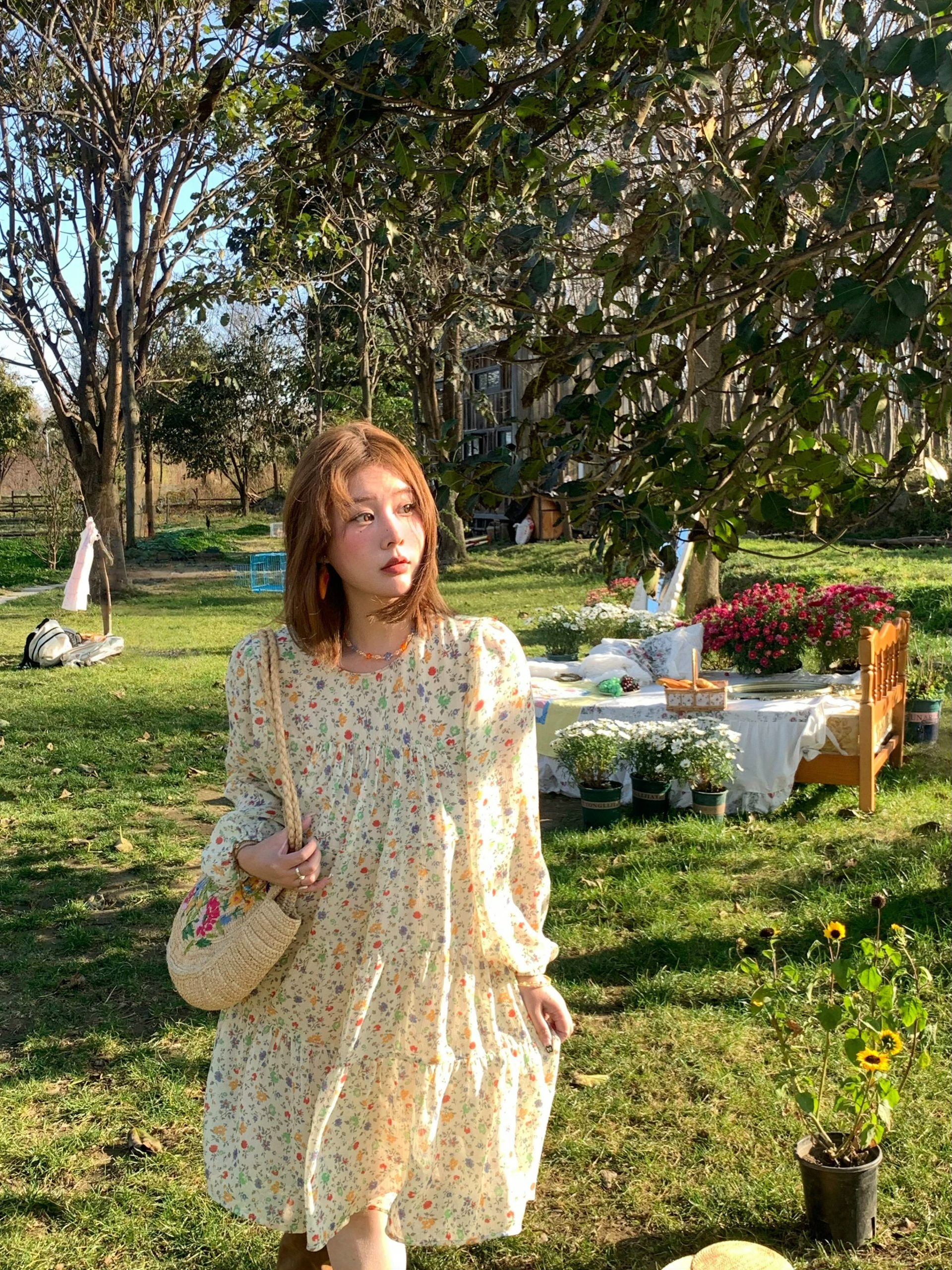 Floral Long Sleeve Chiffon Dress for Women - Spring Loose Puff Sleeve Cake Dress, Vintage Flower Dance Style, Perfect for Spring Events Floral Long Sleeve Chiffon Dress for Women - Spring Loose Puff Sleeve Cake Dress, Vintage Flower Dance Style, Perfect for Spring Events