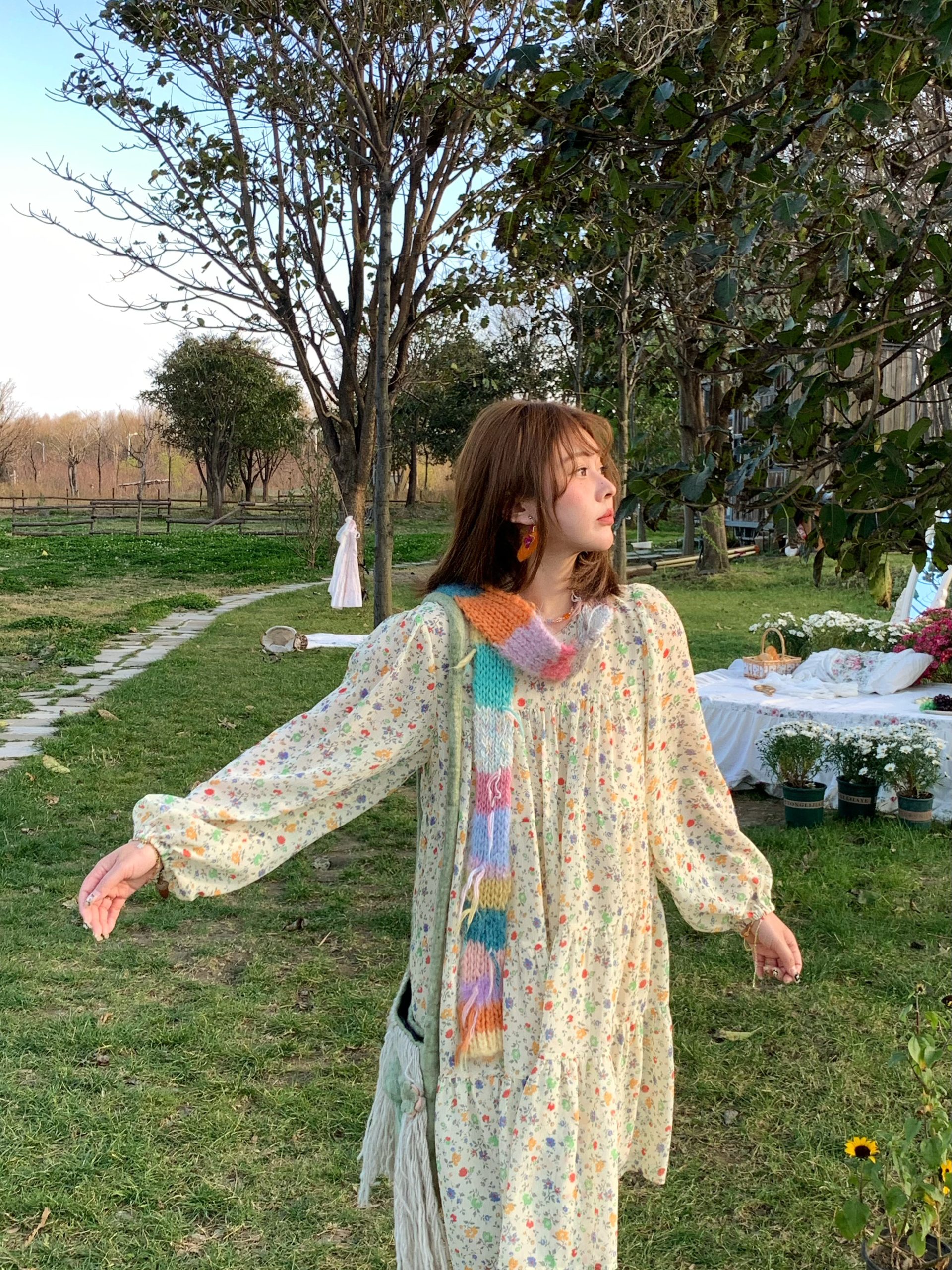 Floral Long Sleeve Chiffon Dress for Women - Spring Loose Puff Sleeve Cake Dress, Vintage Flower Dance Style, Perfect for Spring Events Floral Long Sleeve Chiffon Dress for Women - Spring Loose Puff Sleeve Cake Dress, Vintage Flower Dance Style, Perfect for Spring Events