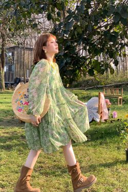 Floral Long Sleeve Chiffon Dress for Women - Spring Loose Puff Sleeve Cake Dress, Vintage Flower Dance Style, Perfect for Spring Events