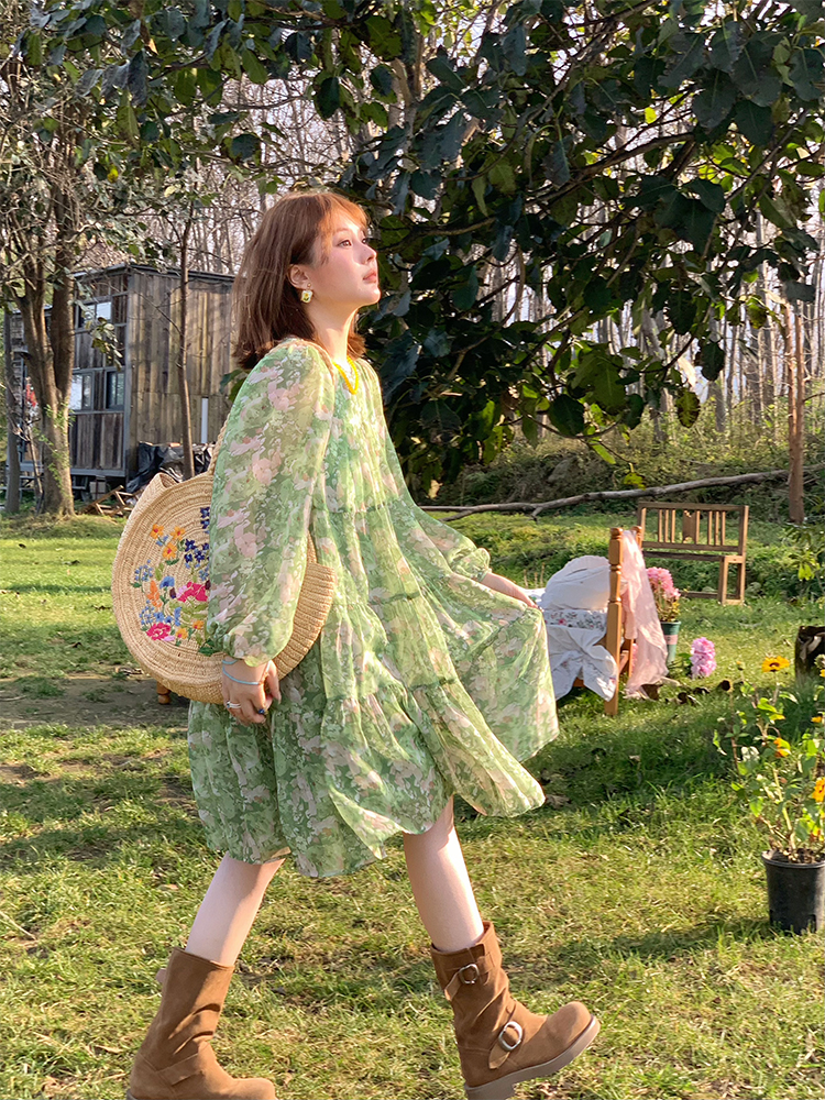 Floral Long Sleeve Chiffon Dress for Women - Spring Loose Puff Sleeve Cake Dress, Vintage Flower Dance Style, Perfect for Spring Events Floral Long Sleeve Chiffon Dress for Women - Spring Loose Puff Sleeve Cake Dress, Vintage Flower Dance Style, Perfect for Spring Events