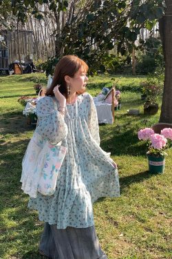 Floral Long Sleeve Chiffon Dress for Women - Spring Loose Puff Sleeve Cake Dress, Vintage Flower Dance Style, Perfect for Spring Events