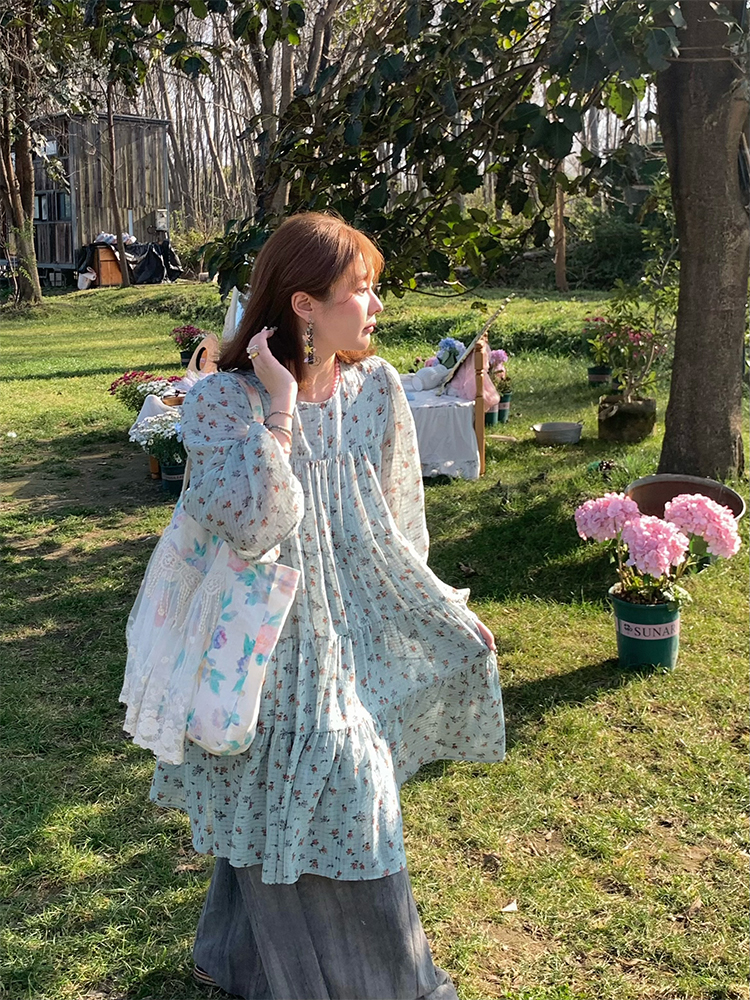 Floral Long Sleeve Chiffon Dress for Women - Spring Loose Puff Sleeve Cake Dress, Vintage Flower Dance Style, Perfect for Spring Events Floral Long Sleeve Chiffon Dress for Women - Spring Loose Puff Sleeve Cake Dress, Vintage Flower Dance Style, Perfect for Spring Events