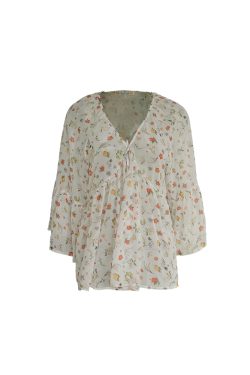 Floral Long Sleeve Chiffon Shirt for Women - Vintage 90s Style Loose Bell Sleeve Sun Protection Top