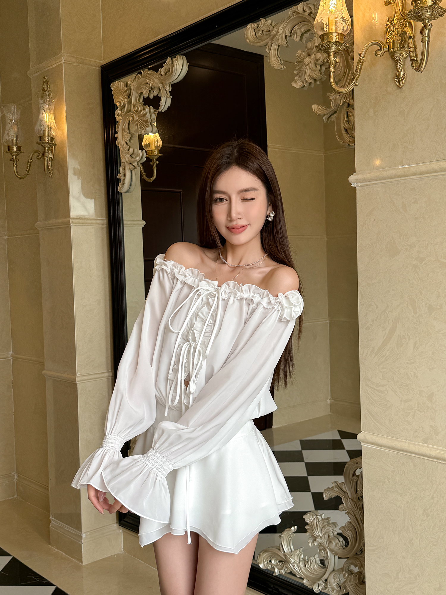 Floral One-Shoulder Chiffon Shirt Dress for Women - Lightweight, Waist-Cinching, Sweet Spring/Summer Style Short Skirt Floral One-Shoulder Chiffon Shirt Dress for Women - Lightweight, Waist-Cinching, Sweet Spring/Summer Style Short Skirt