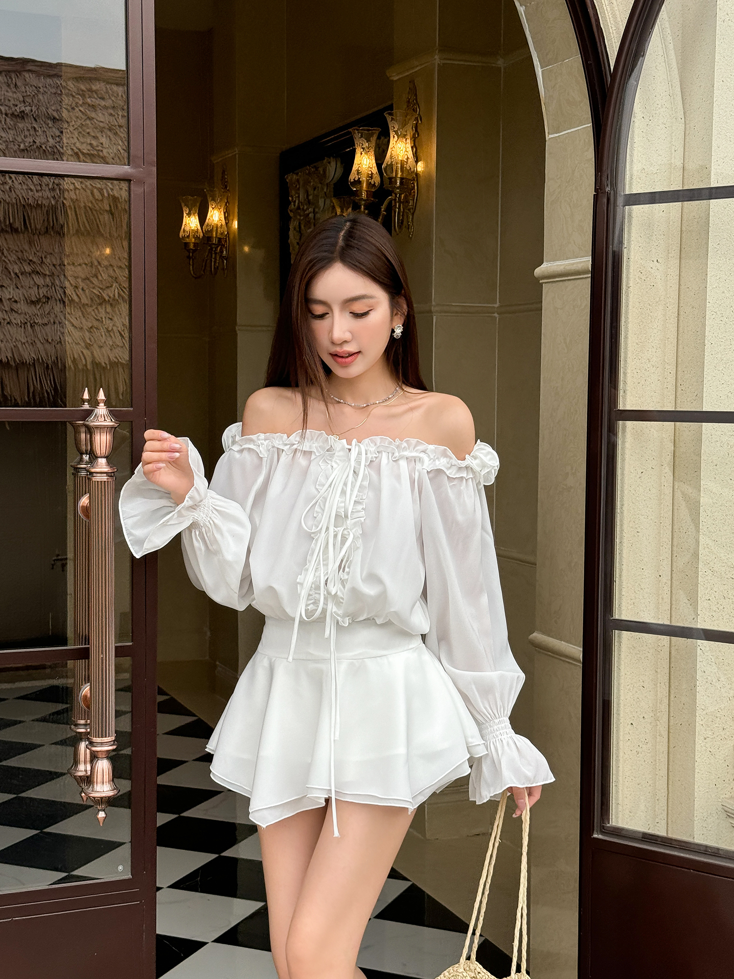 Floral One-Shoulder Chiffon Shirt Dress for Women - Lightweight, Waist-Cinching, Sweet Spring/Summer Style Short Skirt Floral One-Shoulder Chiffon Shirt Dress for Women - Lightweight, Waist-Cinching, Sweet Spring/Summer Style Short Skirt