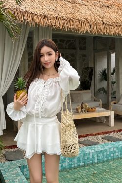 Floral One-Shoulder Chiffon Shirt Dress for Women - Lightweight, Waist-Cinching, Sweet Spring/Summer Style Short Skirt