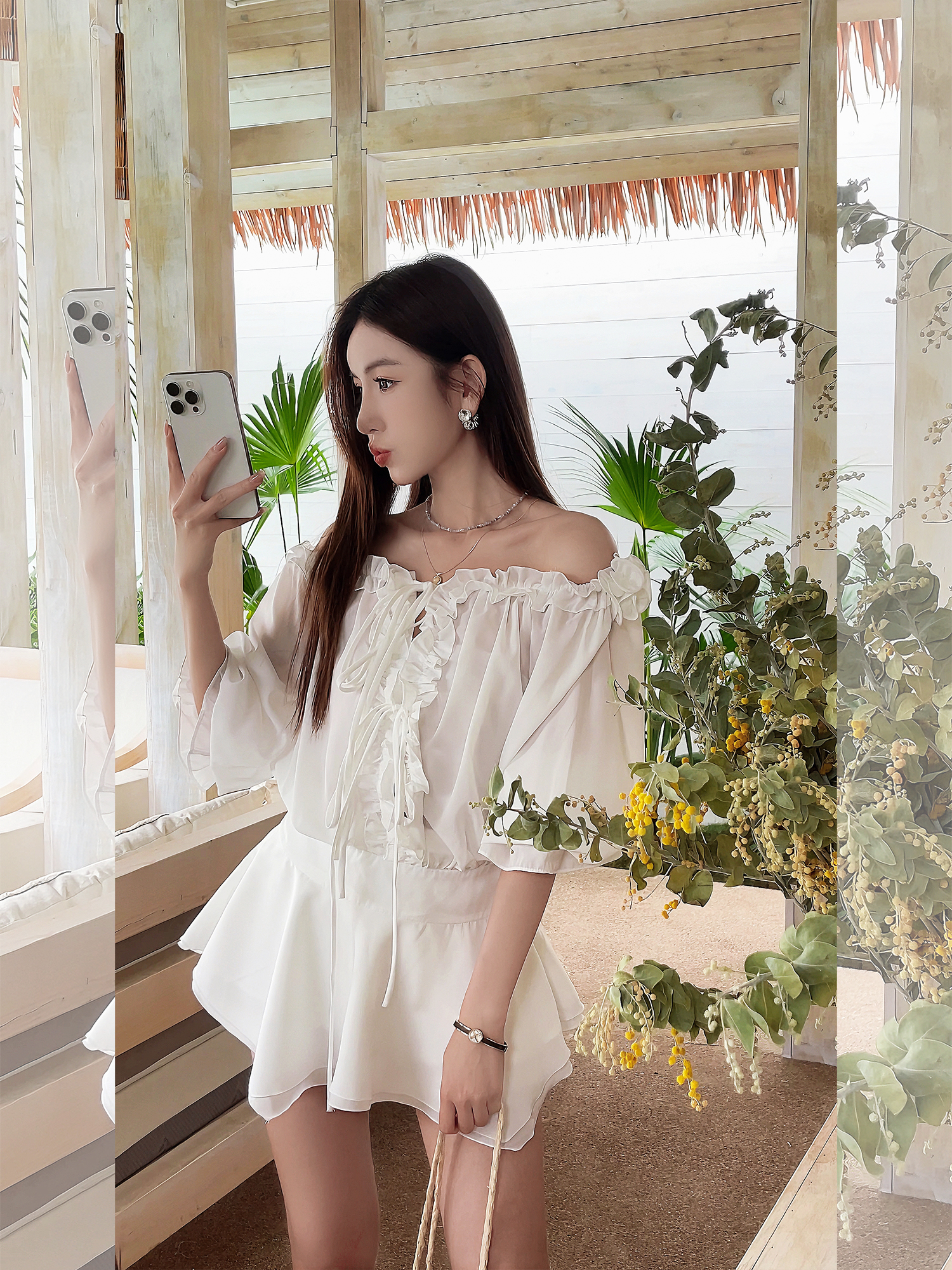 Floral One-Shoulder Chiffon Shirt Dress for Women - Lightweight, Waist-Cinching, Sweet Spring/Summer Style Short Skirt Floral One-Shoulder Chiffon Shirt Dress for Women - Lightweight, Waist-Cinching, Sweet Spring/Summer Style Short Skirt